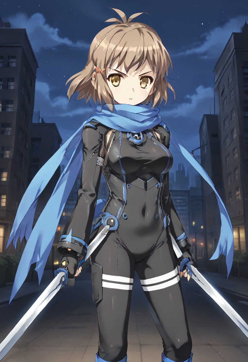 1girl, solo, thibikianotherif, brown hair, antenna hair, brown eyes, yellow eyes, short hair, hairclip, blue scarf, black bodysuit, fingerless gloves, outdoors, night, cityscape, serious, parted lips, standing, cowboy shot, looking at viewer, holding, sword, dual wielding, facing the viewer, dynamic pose