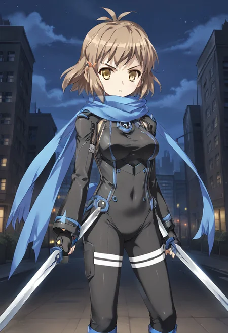 1girl, solo, thibikianotherif, brown hair, antenna hair, brown eyes, yellow eyes, short hair, hairclip, blue scarf, black bodysuit, fingerless gloves, outdoors, night, cityscape, serious, parted lips, standing, cowboy shot, looking at viewer, holding, sword, dual wielding, facing the viewer, dynamic pose