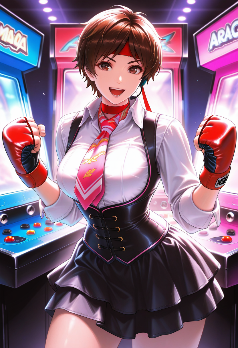 masterpiece, best quality, newest, absurdres, highres ,  <lora:SakuraKasuganoIllustrious:0.9>,  SAKSFDF,brown hair, short hair, red headband, brown eyes, pink necktie,framed breasts,  black dress, black skirt, corset,  white collared shirt, mma gloves, arcade, smile, open mouth, looking at viewer, earpiece, breasts,