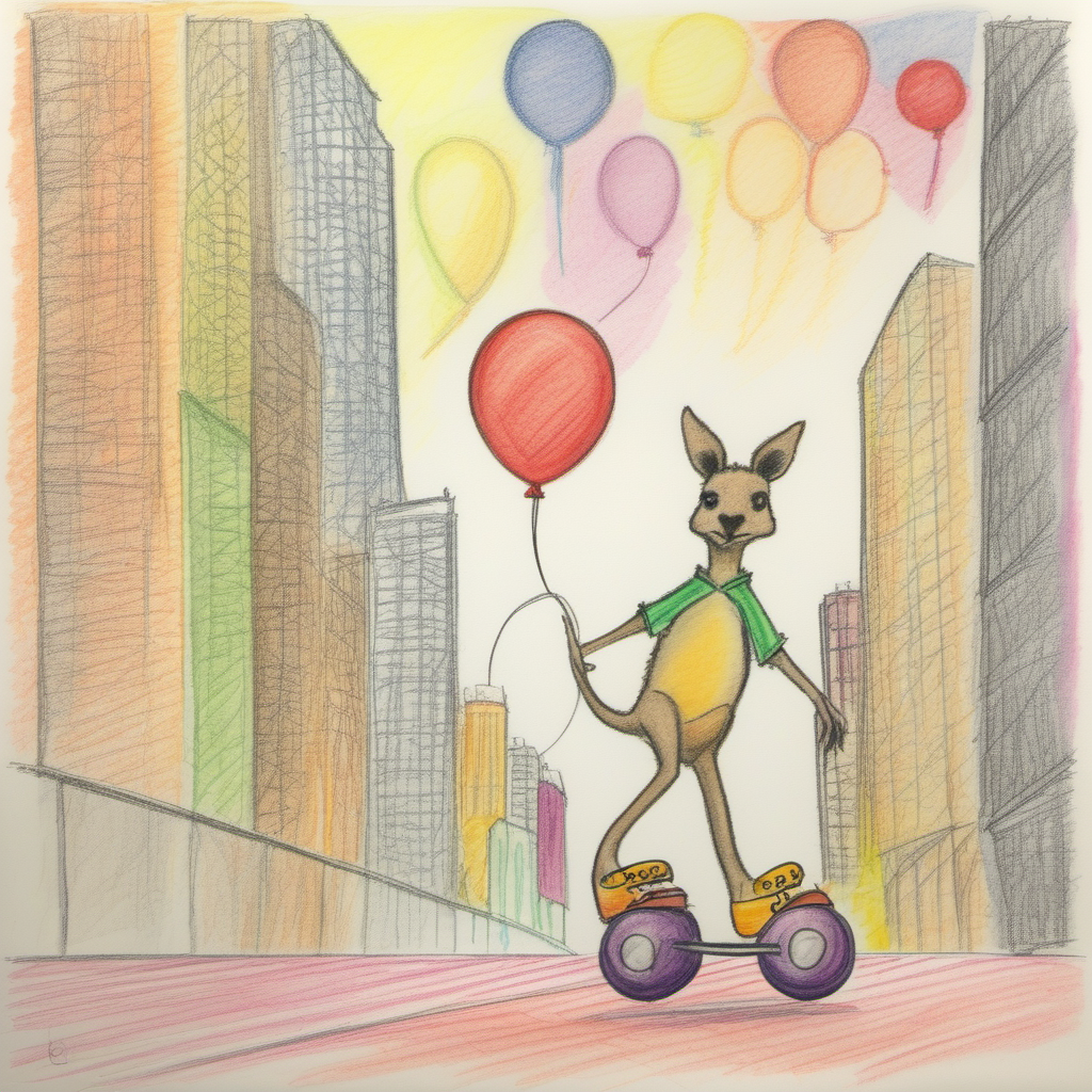 A kangaroo on roller skates, holding a balloon, zipping through a city
 <lora:crayons_v1_sdxl:1>