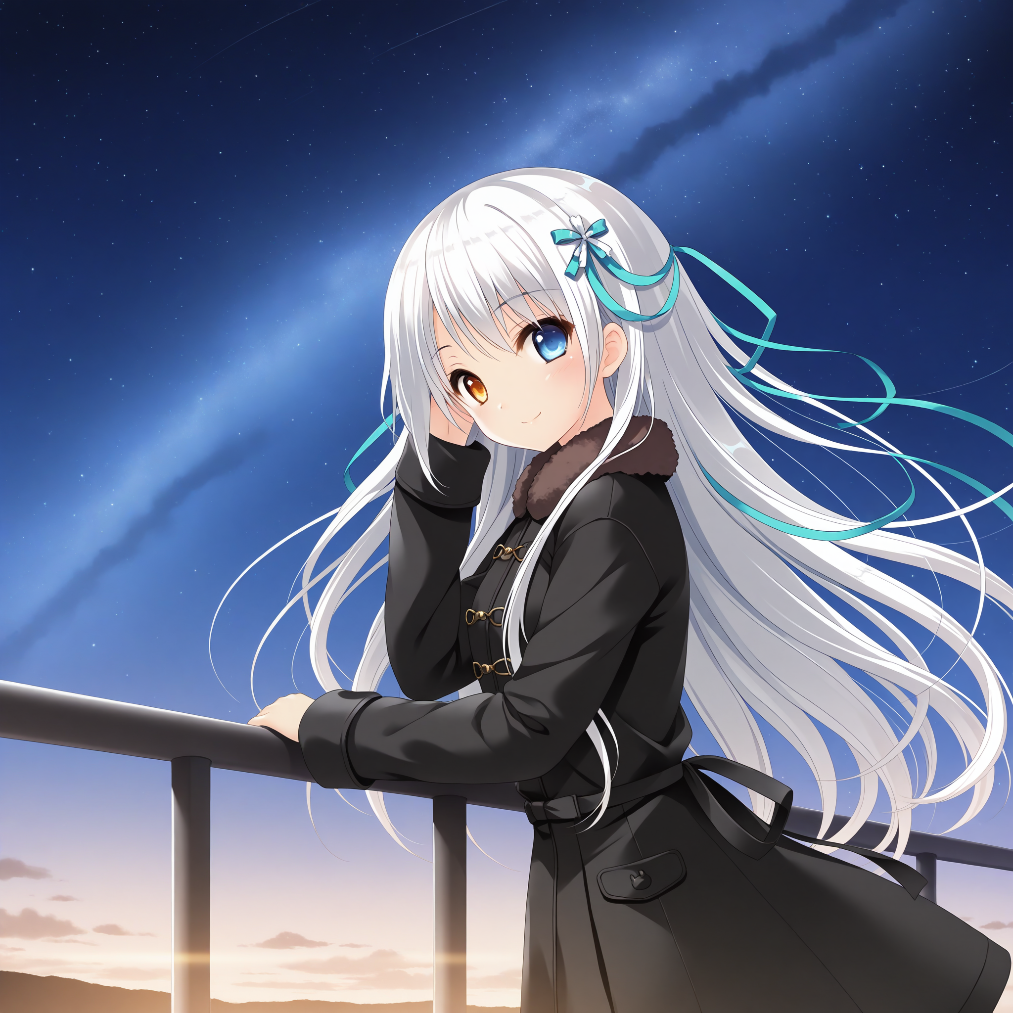 <lora:Amanogawa_Saya_2_nai-000013:1>,Amanogawa Saya,hair ribbon,aqua ribbon,white ribbon,hair ornament,
black coat,long sleeves,fur-trimmed coat,brown fur,
1girl,solo,from side,against railing,looking at viewer,smile,hand in own hair,hand on railing,floating hair,starry sky,milky way,wind,