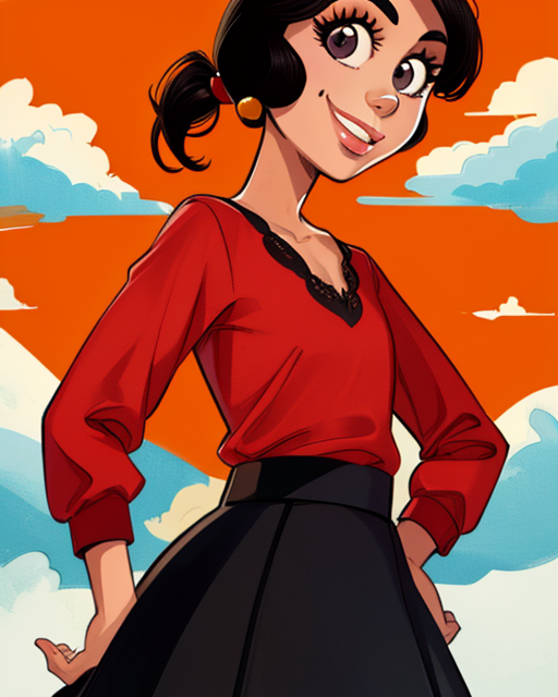 OliveOyl, short black hair with ponytail, black eyes, solo,  close up, smiling,  hands on hips,  looking at viewer, 
OliDre,red shirt , black long skirt, brown footwear, small earrings,  frontal, 
waterboat, cartoon environment,  sunny, clouds, 
(insanely detailed, beautiful detailed face, masterpiece, best quality)  <lora:OliveOyl:0.7>