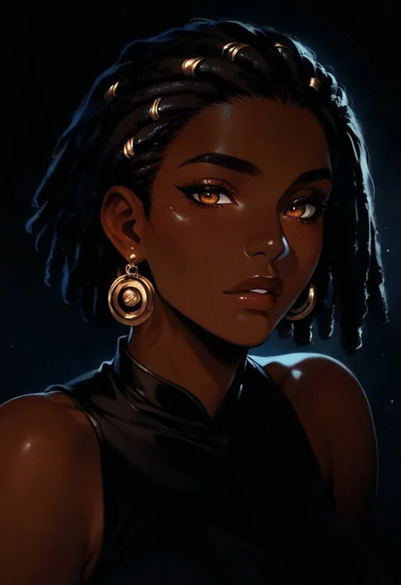 1girl, dreadlocks, solo, dark skin, dark-skinned female, short hair, bangs, earrings, jewelry, looking at viewer, very dark skin, bare shoulders, black hair, , solo, dark, light, masterpiece, best quality, very aesthetic, close up, parted lips