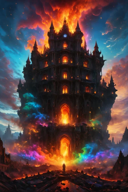 Surreal landscape of a gothic castle on fire, rainbow colored flames engulfing the sky, dark and eerie atmosphere, highly detailed with intricate architectural elements, by ZdzisÅaw BeksiÅski and H.R. Giger, digital painting in a mix of styles (dark fantasy/gothic/surreal), trending on DeviantArt. <lora:detailed_notrigger:1> <lora:DetailMaximizer:1> <lora:SDXLFaeTastic2400:1> <lora:M05_Intensify:0.2> <lora:th3rm4lXLP:1> th3rm4l, colorful, thermal