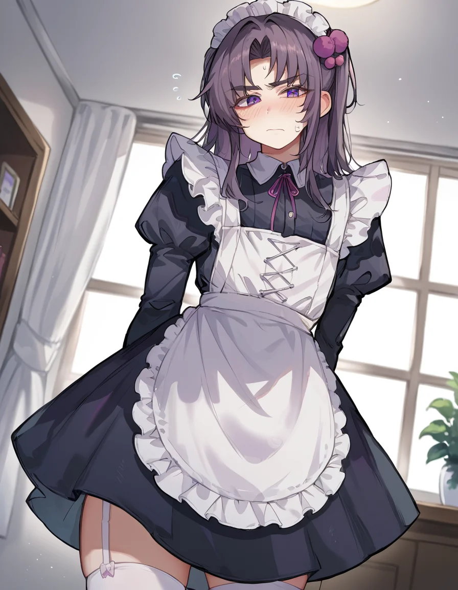 score_9, score_8, score_7, source_anime, indoors, blush, from below, maid, 1boy, femboy, pompom625tn, purple eyes, solo, <lora:pompom625tn:0.7>