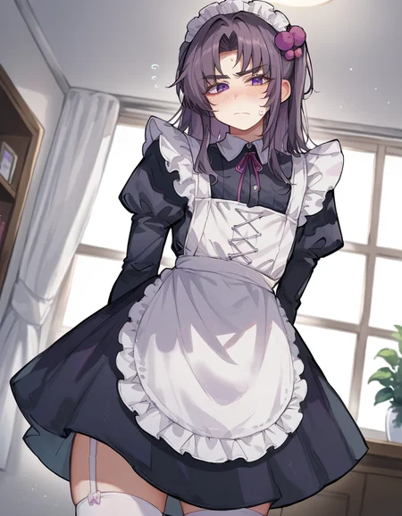 score_9, score_8, score_7, source_anime, indoors, blush, from below, maid, 1boy, femboy, pompom625tn, purple eyes, solo, <lora:pompom625tn:0.7>