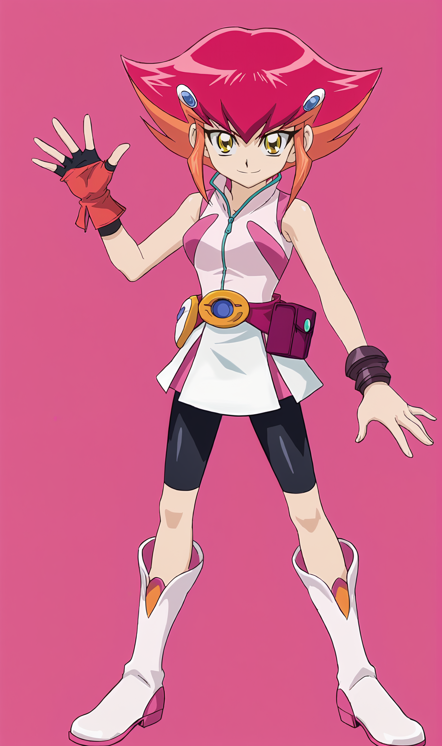 AK, 1girl, solo, multicolored hair, yellow eyes, hair ornament, sleeveless dress, belt, pouch, single glove, wristband, bike shorts, white boots, standing, full body, looking at viewer, smile, pink background, simple background, <lora:Anna Kaboom Pony XL:1>