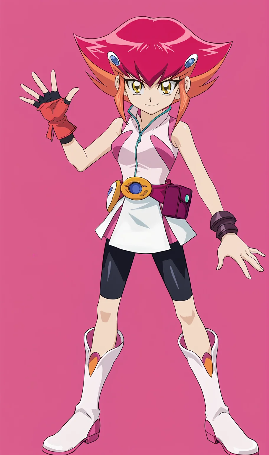 AK, 1girl, solo, multicolored hair, yellow eyes, hair ornament, sleeveless dress, belt, pouch, single glove, wristband, bike shorts, white boots, standing, full body, looking at viewer, smile, pink background, simple background, <lora:Anna Kaboom Pony XL:1>
