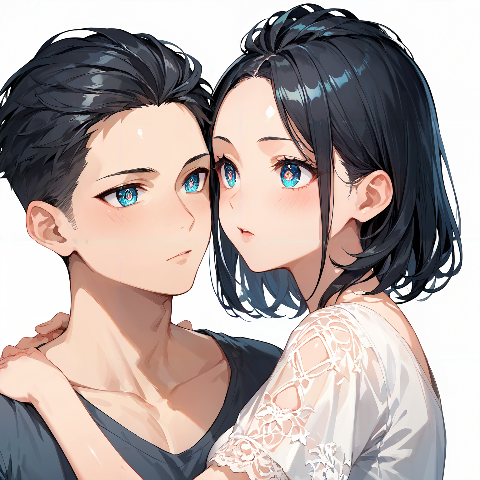 score_9, score_8_up, score_7_up,source_anime, high res image,masterpiece,best quality,1boy and 1girl,cuple ,clear skin,shiny hair,ultra detailed eyes,simple background  <lora:pompadour_pony_V1.0:1.2> pompadour hair,black hair,ipperbody