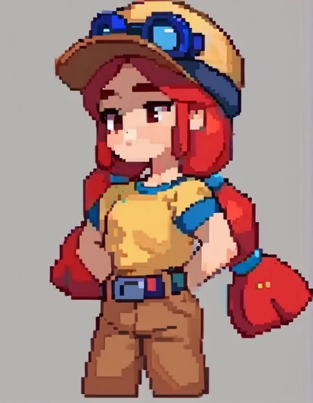 score_9, score_8_up, score_7_up, BREAK, ,<lora:bsjessie:1>bsjessie , 1girl , red hair , hat , goggles on headwear, yellow shirt ,brown pants , belt ,pigtails <lora:pixel:1>pixelart