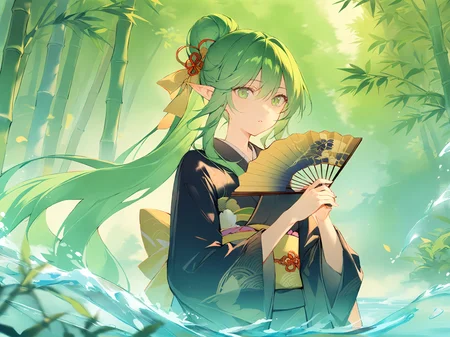 1girl,
solo, black kimono, looking at viewer, holding fan, water, day, bamboo, forest, wide sleeves, looking to the side, hair bun, bamboo forest, very long hair, green eyes, outdoors, pointy ears, kimono, ponytail, hair between eyes, holding, parted lips, folding fan, hand fan, upper body, long sleeves, green hair, nature, japanese clothes, single hair bun, long hair, hands up,
masterpiece, best quality, safe
<lora:mki-ani31-blackmeow-v1-000120:1>