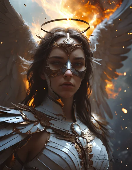 A photorealistic portrait of a merciless archangel, their face a mask of divine beauty and unwavering resolve. Their eyes, windows to a soul hardened by countless battles, burn with an intensity that pierces through the veil of reality. Their expression is a symphony of conflicting emotions: righteous fury, unwavering determination, and a hint of sorrow for the fallen. Their wings, a majestic expanse of shimmering feathers, are spread wide, casting a shadow of divine judgment upon the world. The background is a maelstrom of celestial energy, swirling with nebulae, stars, and distant galaxies, creating a sense of infinite power and cosmic scale. The lighting is dramatic, highlighting the archangel's sculpted features and the intricate details of their armor and wings. The overall effect is one of awe and reverence, a testament to the raw power and unyielding will of a celestial being.  <lora:MJ52.safetensors:0.60>  <lora:Model\Anna_024.safetensors:0.50>