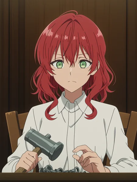 anime screencap,anime coloring,
<lora:DahliaRosetti_Illustrious:0.9> dahlia, red hair, green eyes,  teenager,
white  shirt, collared shirt,
concentrating, 
sitting at table, looking at alchemy laboratory, working, holding small hammer, disassembled, small parts,
masterpiece,best quality,amazing quality,