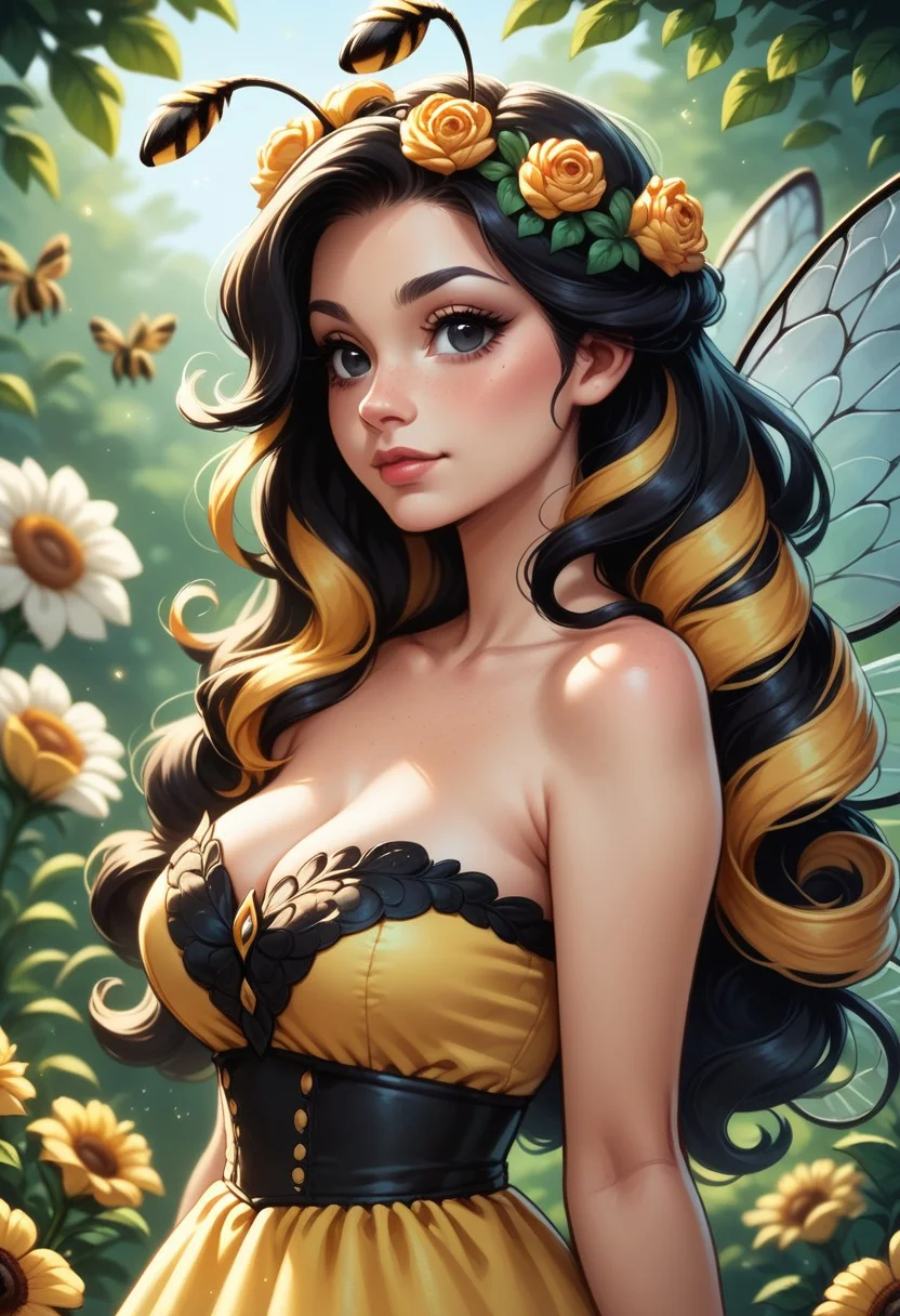 cute girl, bee-girl, bee wings, curly hair, wheat colored hair, long hair, flowing, gorgeous, gentle colors, high resolution, hyper detailed, sharp focus, intricate details, highly detailed, detailed textures, bee antennae on head, black eyes, flowers, black-yellow dress, shoulderless dress, strapless dress, score_9, score_8_up, score_7_up, score_6_up, score_5_up, score_4_up