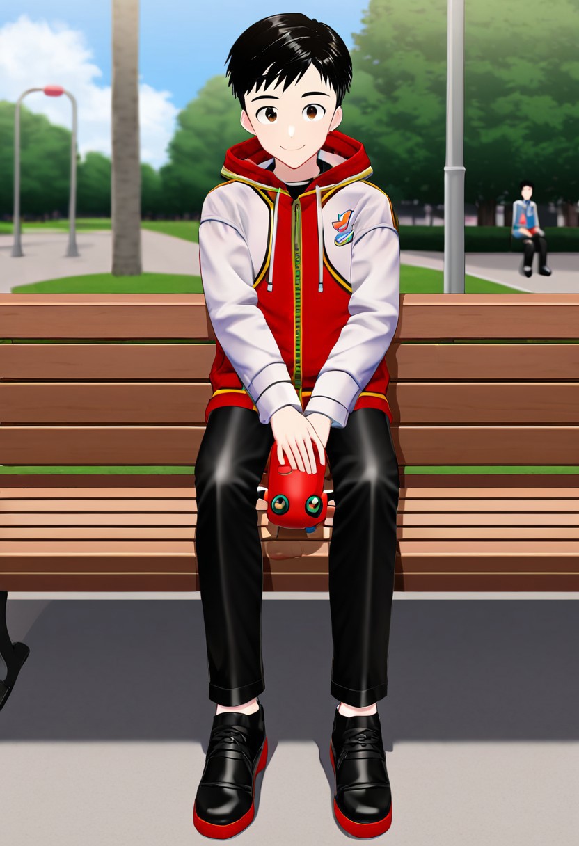 harmard, black hair, short hair, brown eyes, 1boy, (solo:1.20), solo focus, red_white_jacket, black pants, at park, happy expression, sit on bench, holding a robot toy, black shoes