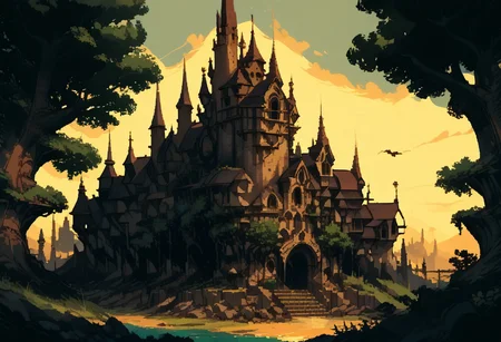 score_9, score_8_up, score_7_up, score_6_up, SFW, <lora:d3p1x3lXLP:1> d3p1x3l, PRSNL_3_1, pixel art, scenery, detailed castle, seen through trees,