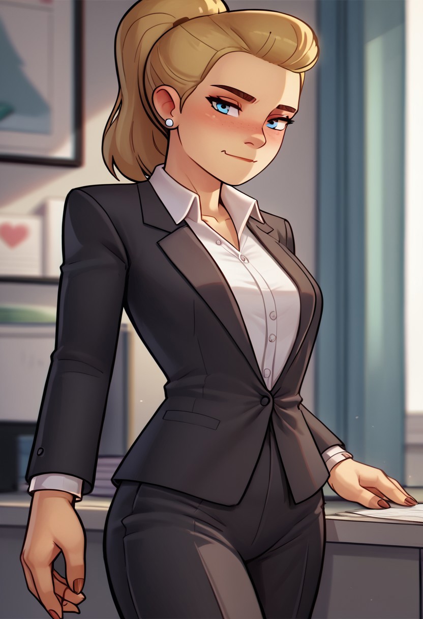 score_9, Score_8, relatedguy, solo, 1girl, CHAdora, business_suit, brightmoonbedroom