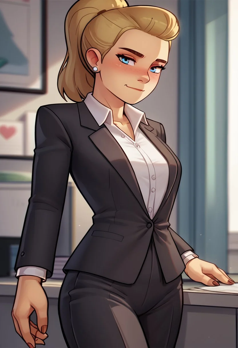 score_9, Score_8, relatedguy, solo, 1girl, CHAdora, business_suit, brightmoonbedroom