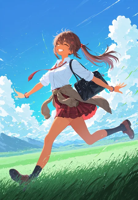 masterpiece, newest,absurdres,incredibly absurdres, best quality, amazing quality, very aesthetic,, 1girl, solo,((running)),wide open, happy smile, arms stretched behind, bright blue sky, clouds rushing overhead, cinematic angle from side
, long hair, ponytail, hair bobbles, hairpin, bead bracelet, necklace, school uniform, white shirt, collared shirt, red necktie, plaid necktie, loose necktie, cardigan around waist, pleated skirt, red skirt, wind blowing, holding school bag,teeth,s,tan skin,brown hair,sky, day,blue sky,outdoors,scenery,cloudy sky, day,summer,endless grassy field,green grass, motion trails,low hills,wind,flying grass pieces in the air
limited palette, h4ra_illu <lora:illustriousXL_stabilizer_v1.23:0.3> <lora:NOOB_vp1_detailer_by_volnovik_v1:0.3> <lora:ponyv6_noobE11_2_adamW-000017:0.3> <lora:114558v4df2fsdf5:0.7> <lora:XXX667:0.4> <lora:mon_monmon2133:0.7> <lora:hara_id_21:0.6>