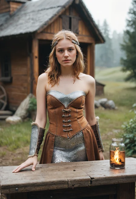 score_9, score_8_up, score_7_up zPDXL3 (gorgeous young woman:1.1) viking, wearing Viking shieldmaiden costume with hide corset, chainmail skirt, hide bracers, fur boots, raven-crested helmet, Broad-bladed seax knife .set in viking village, Shaman's Hut, Mysterious dwelling shrouded in smoke from burning herbs, shelves lined with jars of potions and dried plants, a fire pit in the center casting flickering shadows, animal bones and intricate runes scattered on a rough-hewn table, the sound of chanting mixing with the howl of the wind zPDXLrl