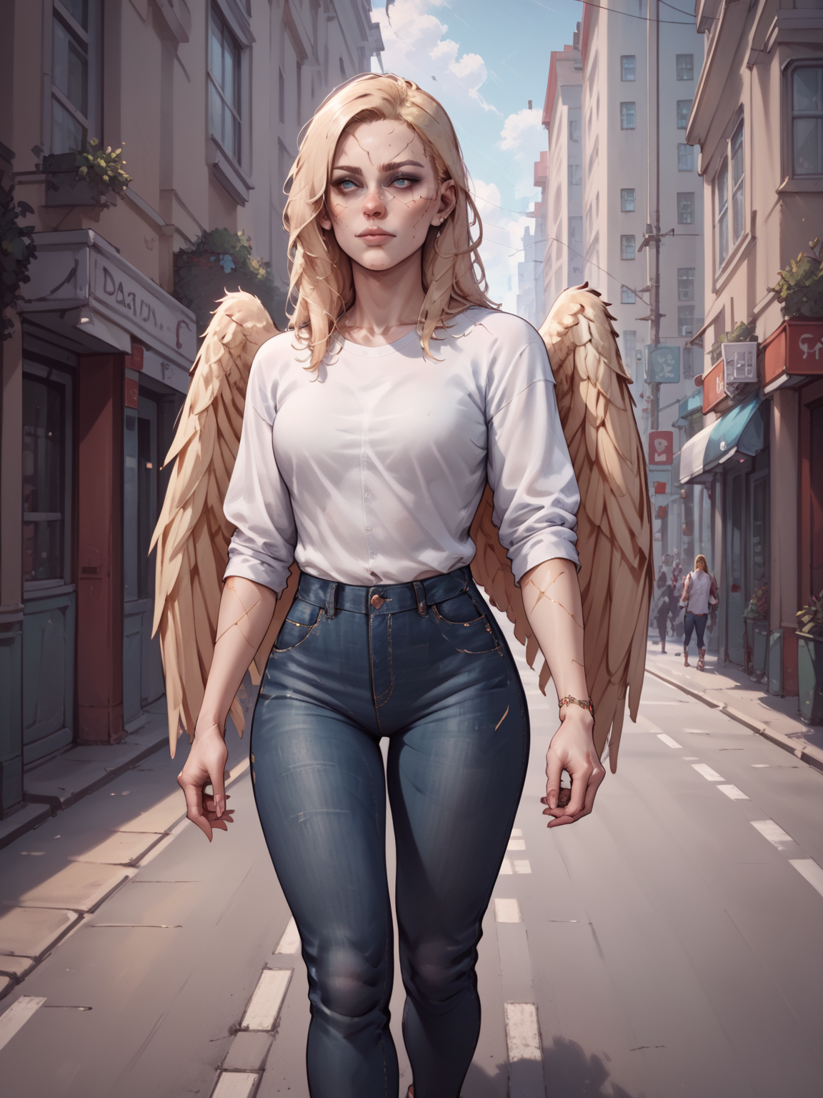 score_9, score_8_up, score_7_up, score_6_up, score_5_up, source_cartoon,  
1girl, dameaylin,  <lora:aylinPony:0.8>, closed wings,  scars, walking down the street, sunny day, casual, white shirt, jeans.,  blonde hair,