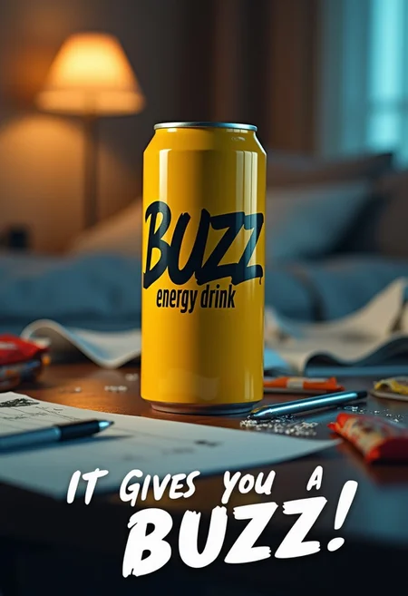 a highly detailed, ultra-high-resolution cinematic image of a bright yellow, metallic soda can with a sleek, curved design, featuring the bold, black, graffiti-style font "BUZZ Energy Drink" emblazoned on its side, sitting centrally on a cluttered, messy desk amidst crumpled papers, scattered pens, and a few empty snack packets, in a dimly lit, cozy bedroom with a soft, warm glow emanating from a table lamp in the background, casting a subtle, golden ambiance; a stylish, modern, sans-serif font caption in white, with a slight gradient effect, reading "IT GIVES YOU A BUZZ!" in all capital letters at the bottom of the image, with a subtle shadow effect to give it a sense of depth.