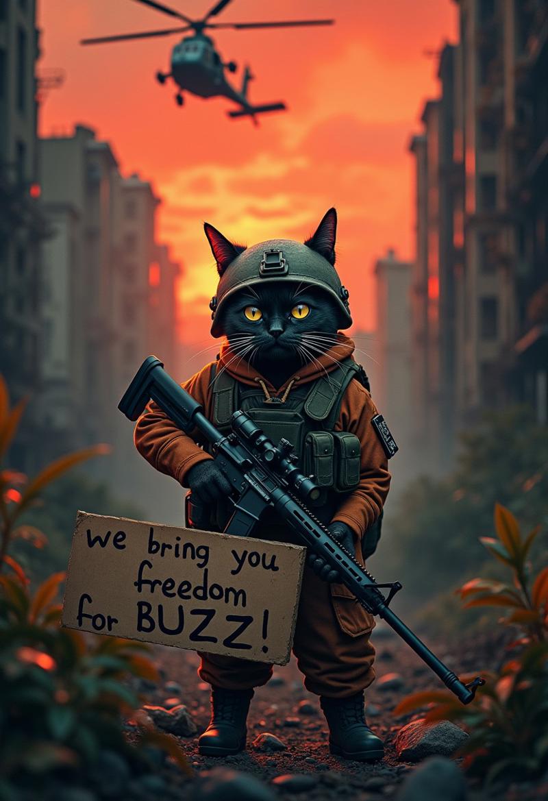 A realistic picture of cat army operator standing against wall  holding a cardboard sign that reads  "we bring you freedom for BUZZ". Overhead shot of the iconic black Grumpy Cat reimagined as a battle-hardened American sniper in the ruined city in mexico east, . Orange Cat, dressed in rugged military gear with a helmet slightly askew, holds a modern sniper rifle with a determined yet perpetually unimpressed expression. The ruined city  after war around him is dark and foreboding, with thick foliage, towering ruined building after heavy war, and a misty atmosphere that hints at the dangers lurking within. In the background, black hawk helicopter soar above the treetops, their silhouettes barely visible through the smoky, war-torn red sky at Sunset. mouth is wide open, clearly shouting: "More BUZZ, we need more BUZZ!"  is boldly displayed at the top, with a gritty, distressed font that echoes classic war movie posters. The overall tone of the poster is intense and surreal, combining the seriousness of a south american War epic with the humorous, deadpan attitude of Grumpy Cat. <lora:schnell_v1.0:0.8>