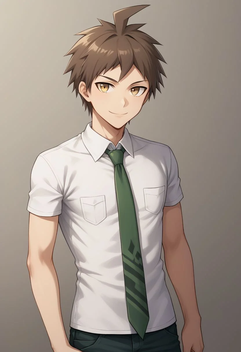 score_9, score_8_up, source_anime, highly detailed, 1boy, solo, skinny,
hinata, 1boy, male focus, solo, necktie, pocket, brown hair, upper body, short hair, pants,
shirt, breast pocket, bangs, ahoge, short sleeves, looking at viewer, smile,
indoor,