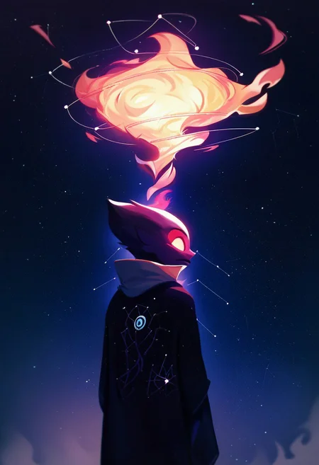 JDStyle,
, score_9, score_8_up, score_7_up, Dark lighting, low lighting, night, dark background, nebula, Score_9, score_8_up, score_7_up, best quality, high res, 8k, 1girl,faceless,back view, intricate tattoo, constellation, glowing tattoo, open back robe, cosmic entity, looking back at viewer, burning eyes