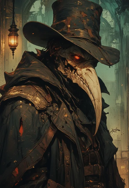 A mysterious and imposing plague doctor clad in a tattered, dark leather coat reinforced with metallic accents, exuding an eerie gothic presence. His iconic beaked mask, crafted from aged bone-like material, is adorned with intricate engravings, and glowing crimson lenses pierce through the shadows. A wide-brimmed, weathered hat sits atop his head, casting a deep silhouette. Wisps of greenish fog swirl around him, carrying the scent of alchemical elixirs and decay. The dimly lit background is shrouded in thick mist, with flickering lanterns barely piercing the darkness. Ultra-realistic rendering with a gothic-horror aesthetic, emphasizing rich textures, moody lighting, and an ominous, spectral atmosphere.<lora:FluxMythG0thicL1nes:0.6> <lora:FluxMythR3alisticF:0.5> <lora:RetroAnimeFluxV1:0.6> <lora:OB半写实肖像画V2.0:0.6>