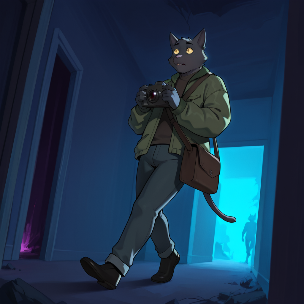 Furry, male, solo, cat, cat boy, black cat, tail, ear piercing, yellow sclera, yellow eyes, green jacket, open jacket, shoulder bag, pants, holding camera, scared, walking, indoors, dark room, abandoned, full body, looking away, (three-quarter view), from below, from side, from outside, dynamic angle, dynamic pose, dutch angle, detailed eyes, nice eyes, masterpiece, best quality, amazing quality, very aesthetic, highres, absurdres, detailed background, tomasz <lora:Tomasz_Tyszko:1>