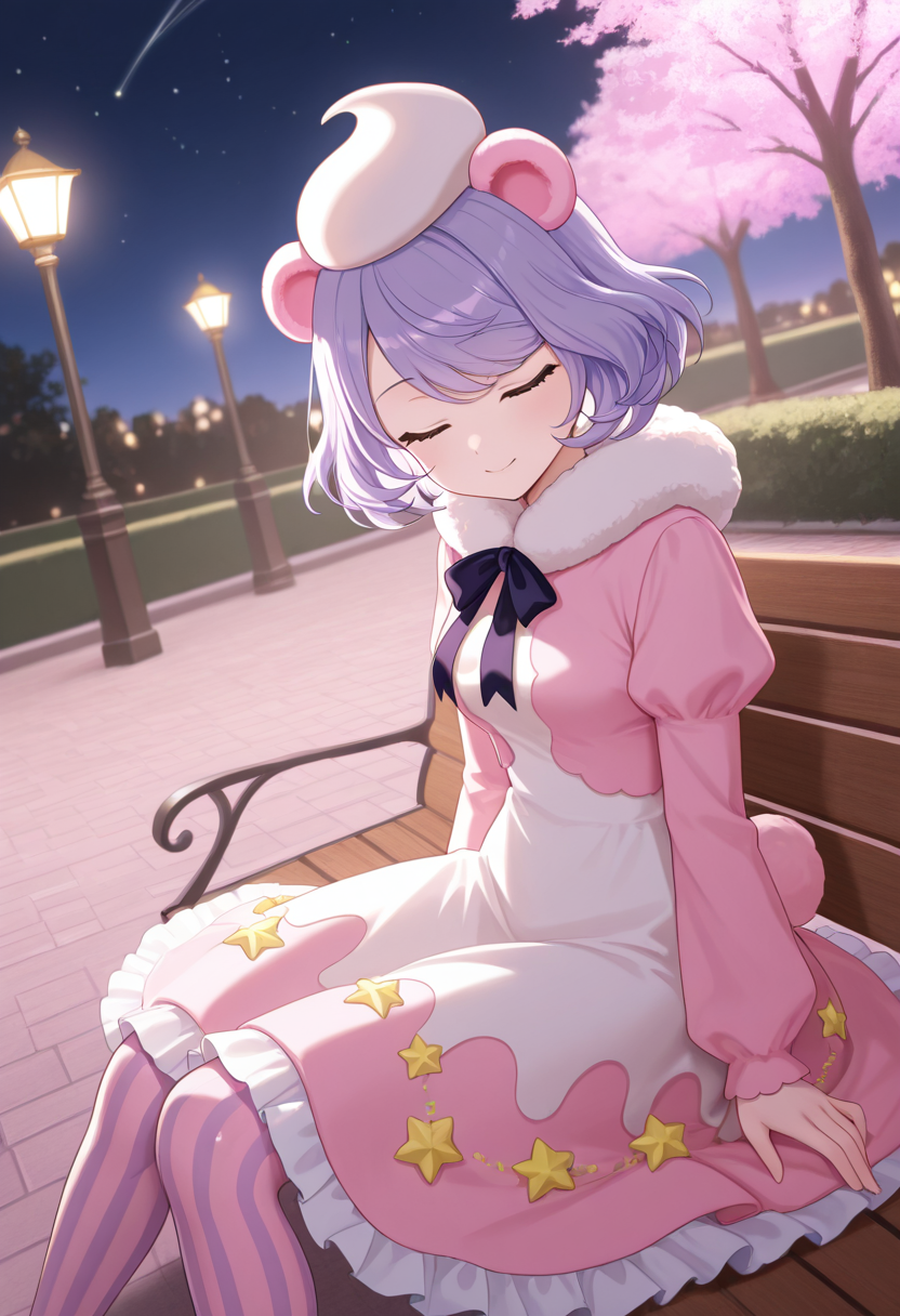 1girl,solo,<lora:creamteddyil:0.9>,creamteddy_(show_by_rock!!),white hat,purple hair,short hair,closed eyes,pink animal ears,bear ears,pink tail,dress,white dress,pink dress,multicolored dress,frilled dress,long sleeves,puffy sleeves,bow,fur trim,striped pantyhose,star_(symbol),looking_at_viewer,cowboy_shot,dynamic_angle,from_side,smile,night,park,sitting,knees_together_feet_apart,sitting_on_bench,masterpiece,best quality,good quality,newest,incredibly absurdres,