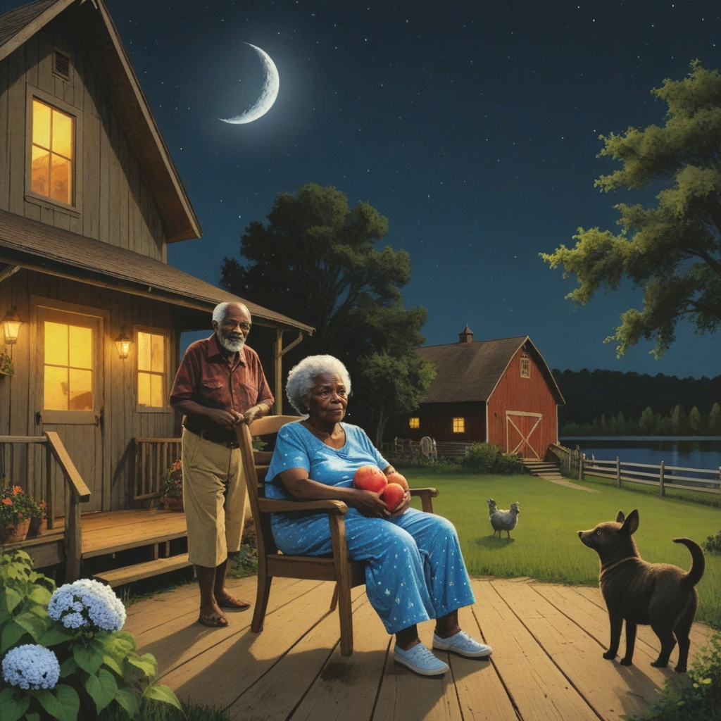 Art photo of a dark skin Grandma and grandpa on the porch at home at night the moon is in the sky and there are a lots of stars in the sky, trees, lake, barn, lots of animals out at night and in the yard there are lots of fruit trees , shooting star  across the sky ((full body shots))