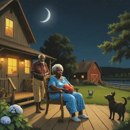 Art photo of a dark skin Grandma and grandpa on the porch at home at night the moon is in the sky and there are a lots of stars in the sky, trees, lake, barn, lots of animals out at night and in the yard there are lots of fruit trees , shooting star  across the sky ((full body shots))