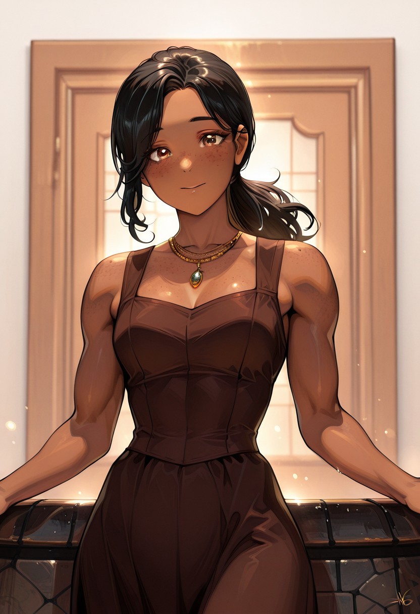 masterpiece, best quality, amazing quality, Muscule-Mommy-IL-V1.0, 20-year-old woman, petite, muscular, compact build, voluptuous, toned body, medium-olive skin, skindentation, black hair, curly hair, long ponytail, golden-brown eyes, angular face, beautiful face with freckles, unyielding expression, elegant pose, tailored blouse, well-cut skirt, signature, delicate necklace, 15546+456868, Enchanting Eyes, metropolitan background