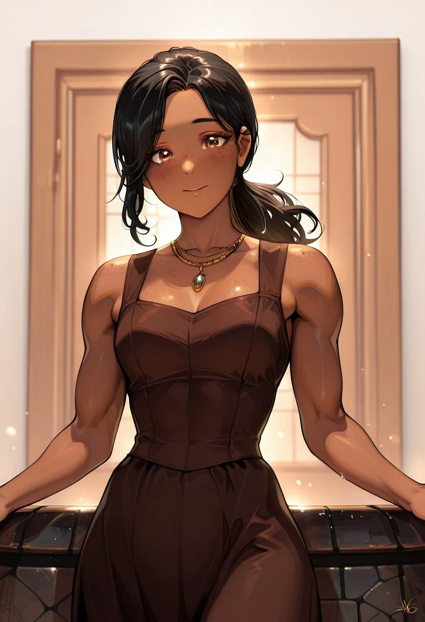 masterpiece, best quality, amazing quality, Muscule-Mommy-IL-V1.0, 20-year-old woman, petite, muscular, compact build, voluptuous, toned body, medium-olive skin, skindentation, black hair, curly hair, long ponytail, golden-brown eyes, angular face, beautiful face with freckles, unyielding expression, elegant pose, tailored blouse, well-cut skirt, signature, delicate necklace, 15546+456868, Enchanting Eyes, metropolitan background
