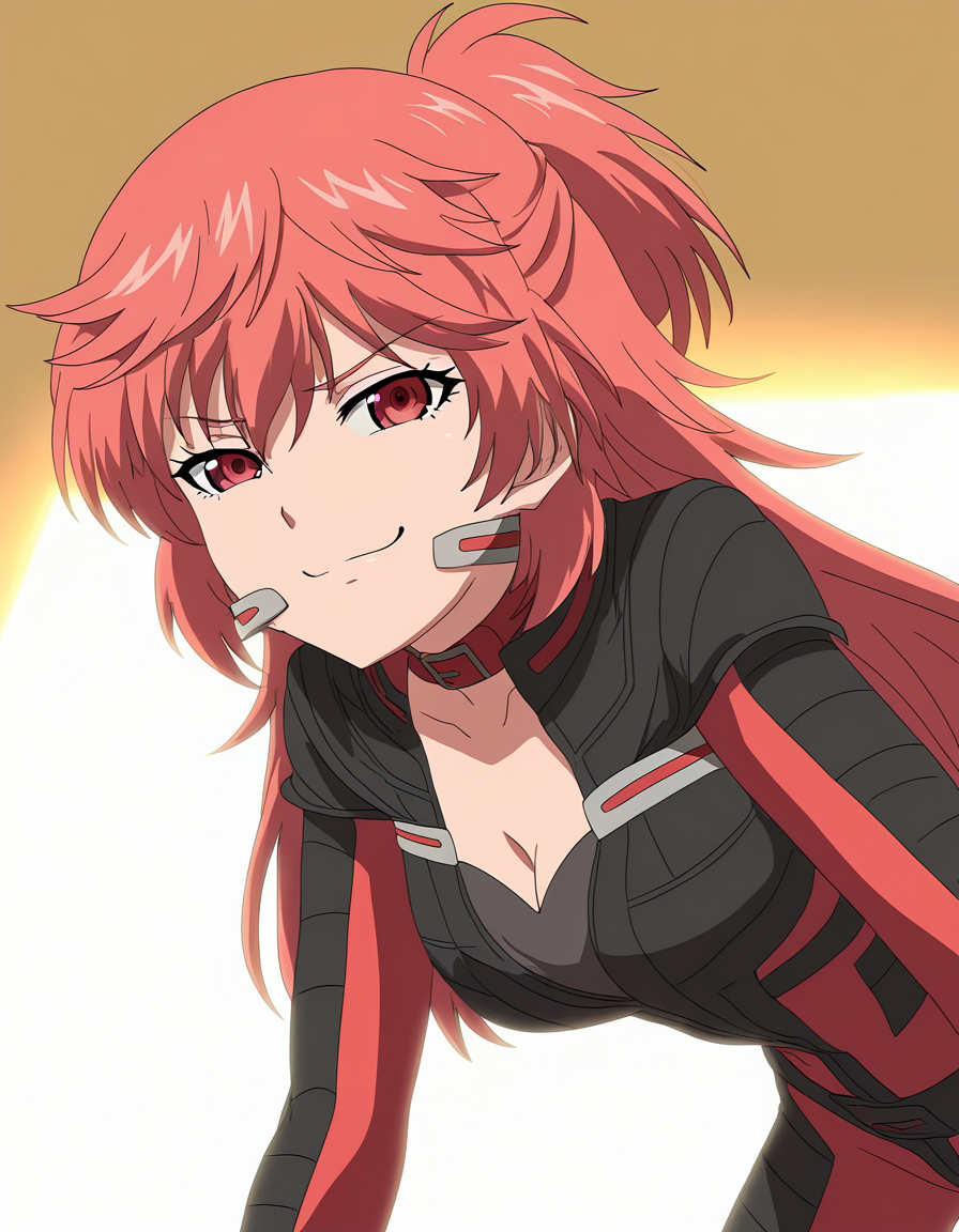 masterpiece, best quality, newest, absurdres, highres, safe,, <lora:aoi-hidaka-s1-illustriousxl-lora-nochekaiser:1>, aoi hidaka, long hair, pink hair, red hair, red eyes, ponytail, short ponytail,, bodysuit, black bodysuit, red bodysuit, cleavage,, restaurant, laughter, good food, warm lighting, celebration, , bent over, smug, looking at viewer, solo,, cowboy shot