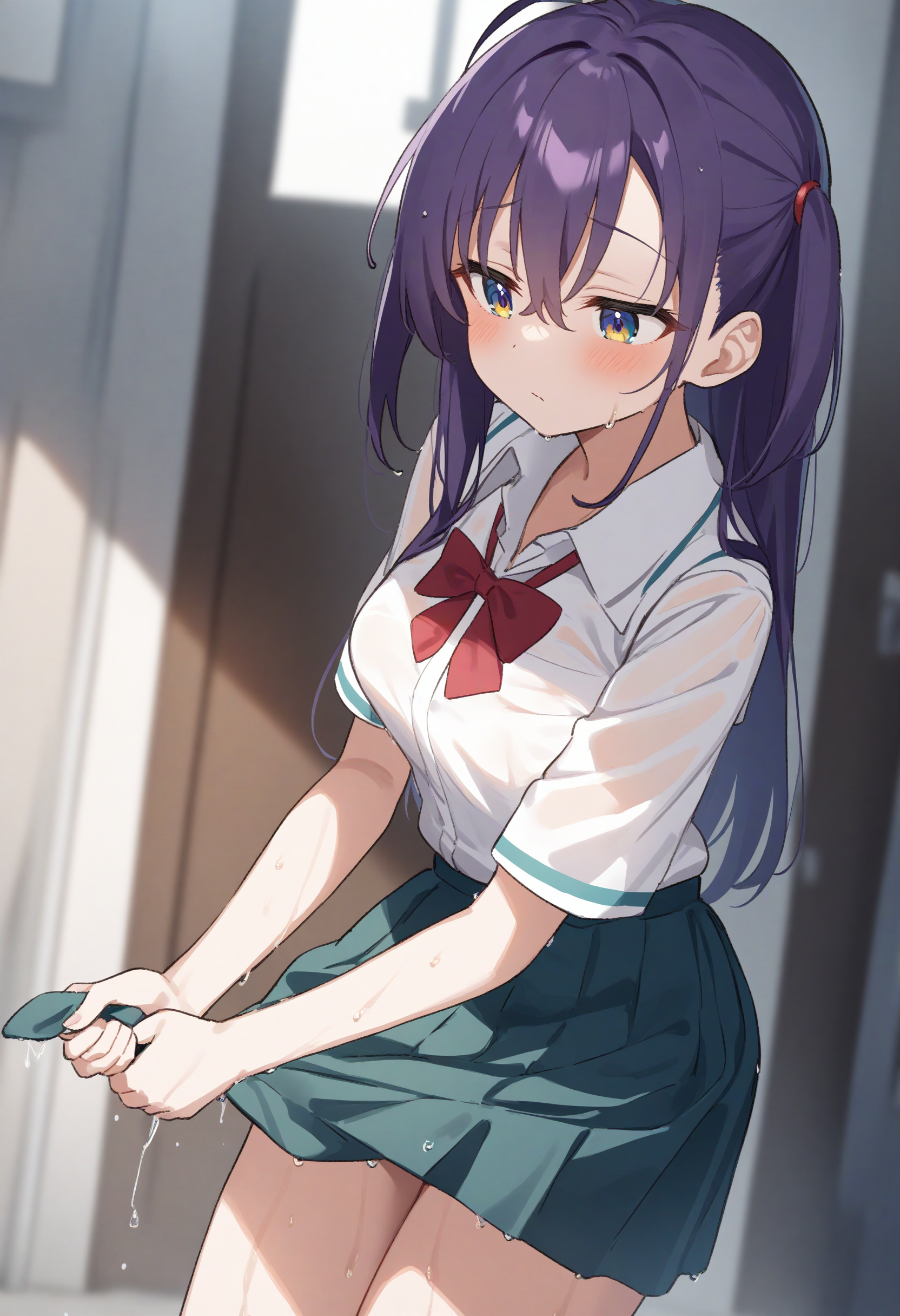 1girl,sincos, ningen mame, toosaka asagi,solo,medium breasts,school uniform,
wringing skirt,<lora:wringingskirt_XL_v1:0.8>
standing, wet clothes, wet hair, wet skirt,
from behind, wide shot, looking away, purple hair, golden eyes,envy, infirmary, closed mouth, lightly curled inwards hair,,
best quality, very aesthetic, absurdres
