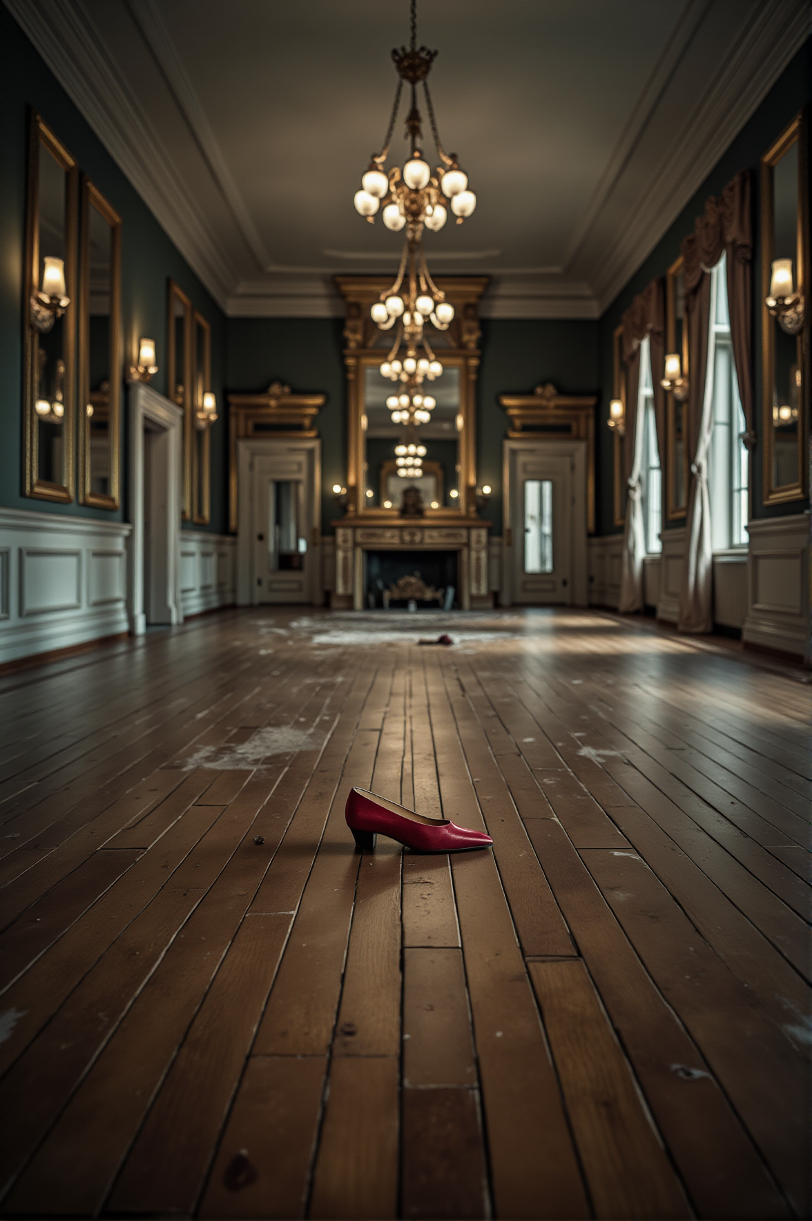 An empty ballroom, its chandeliers swaying gently in the draft. Dust-covered mirrors reflect only the dim glow of a single candle. On the polished wooden floor, a single red shoe lies forgotten, its partner nowhere to be seen. The air carries the distant echo of a melody once played, but now only silence remains, as if love itself had vanished mid-dance.
<lora:melancholic-solitude-flux:1>