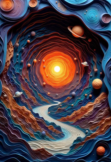 Paper quilling, layered paper scene an image of deep space, swirling spiral galaxy, nebula, stars, planets, outer space