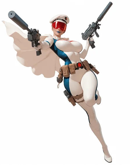 solo, (full body shot, wide shot:1.2), 1girl, (30 year old Russian woman:1.2), beautiful female cyborg spy, fair skin, (white with light blue accents superhero bodysuit with armor padding:1.3), white body armor vest, thigh pistol holsters, white cloak, white military beret, cyborg, cybernetic seams, utility belt, blue eyes, epic red visor, long blonde hair, hair bun, white arm length gloves, slim waist, (toned body:1.1), (large breasts:1.2), wide hips, ultra detailed face, (blue lips:1.2), confident closed mouth smile, strong jaw line, white thigh high superhero boots, (shooting a uzi machine pistol with a suppressor:1.2), white background, (dynamic pose, dynamic composition, dynamic angle:1.2), digital painting, masterpiece, best quality, very awa, absurdres, 8k, comic art style, <lora:NOOB_vp1_detailer_by_volnovik_v1:0.6> <lora:noobai_vpred_1_aqm_complete_v3:0.3> masterpiece, best quality, very aesthetic <lora:HyperdetailedColoredPencilIl:0.3> ArsMJStyle, Colored pencil hyperdetailed realism <lora:ponyv6_noobE11_2_adamW:0.3> <lora:illustriousXL_stabilizer_v1.7:0.4> <lora:Comics_IllustriousXL_Lora:0.3> C0M1C5 Style <lora:Superhero_Aesthetic_Illustrious:0.3> SUP3RH3R0 Style, comic art style, <lora:Carlos GomezStyleilluLYCO:0.3> cgstyle, (borderless), <lora:ppw_v7_Illuv1.0_1_r2:0.2>, <lora:anatomy_helper:1> <lora:Uzi_-_Machine_Pistol:0.8>
