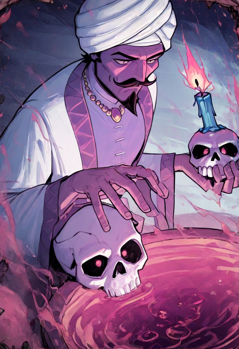 masterpiece, best quality, newest, absurdres, highres, anime, anime style, 1boy, DDOCC-V1.1, turban, headgear, facial hair, mustache, short hair, beard, arabian, arabian male, holding, candle, skull,