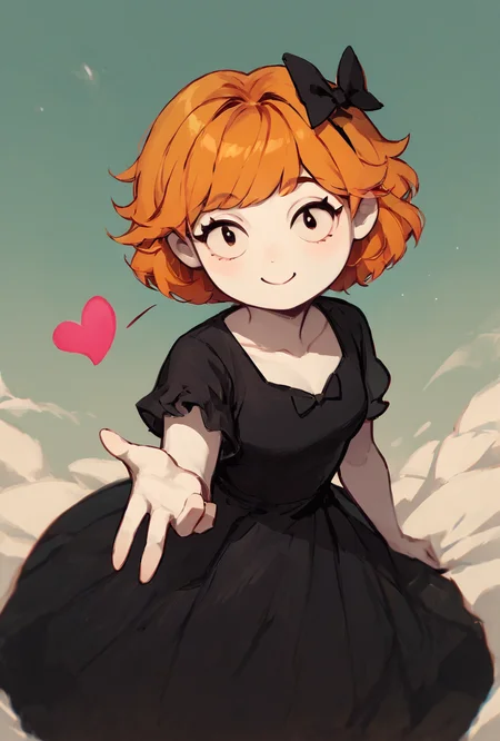 score_9, score_8_up, score_7_up, looking at viewer, smiling, <lora:derpina-10:1> derpina, 1girl, short hair, hair bow, medium hair, orange hair, black dress,, white skin,long dress, <lora:frieren_blowing_a_kiss_pony:1> blowing kiss, heart