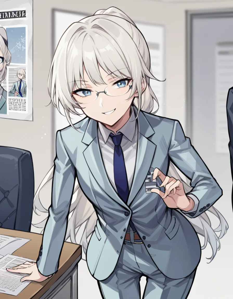 score_9, score_8_up, score_7_up, source_anime, <lora:girlsfrontline-an-94-ponyxl-lora-nochekaiser:1>, an-94, an-94 (girl's frontline), long hair, blue eyes, white hair,, aqua jacket, aqua pants, belt, bespectacled, blue necktie, brown belt, business suit, formal clothes, glasses, jacket, long sleeves, necktie, over-rim eyewear, pants, ponytail, semi-rimless eyewear, shirt, suit, white shirt, clubroom, posters, meeting table, decorations, student council, smile, bent over, smug,, looking at viewer, solo,, dutch angle, cowboy shot