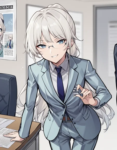 score_9, score_8_up, score_7_up, source_anime, <lora:girlsfrontline-an-94-ponyxl-lora-nochekaiser:1>, an-94, an-94 (girl's frontline), long hair, blue eyes, white hair,, aqua jacket, aqua pants, belt, bespectacled, blue necktie, brown belt, business suit, formal clothes, glasses, jacket, long sleeves, necktie, over-rim eyewear, pants, ponytail, semi-rimless eyewear, shirt, suit, white shirt, clubroom, posters, meeting table, decorations, student council, smile, bent over, smug,, looking at viewer, solo,, dutch angle, cowboy shot