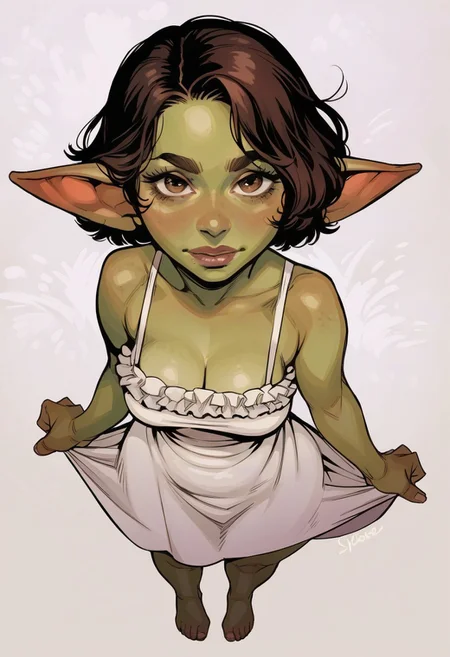 score_9, score_8_up, score_7_up,5fingers, 1girl, Goblin, green skin, wide hips, medium breast, white sundress, brown hair, simple background, (realistic:1.3), petite, short hair, shortstack, standing, ((front view)), sagging breasts, frills, looking at the viewer, from above, pov