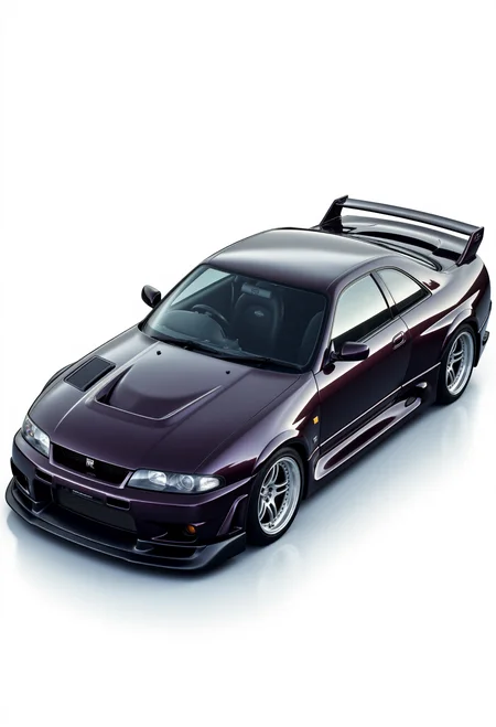 <lora:Nissan_Skyline_GT-R_R33:0.8> A from isometric perspective of a modified Nissan Skyline GT-R R33 in all its shining glory. Mirror-like, glossy finish.