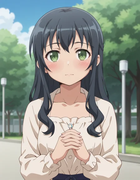 score_9, score_8_up, score_7_up, score_6_up, score_5_up, score_4_up, source_anime, anime screencap, BREAK 1girl, solo, outdoors, park, upper body, own hands together, blushing,
 <lora:Makishima_Saori_Pony:1> makishima_saori, black hair, grey hair, green eyes, white dress