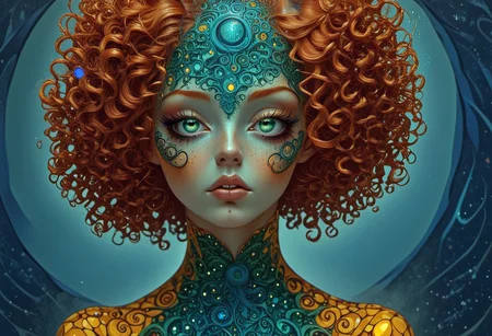 female fatal, portrait, curly red hair, blue glitter, surreal, dressed in yellow, The composition includes overlapping orange circles, sharp-edged violet polygons, green spirals and fractal shapes