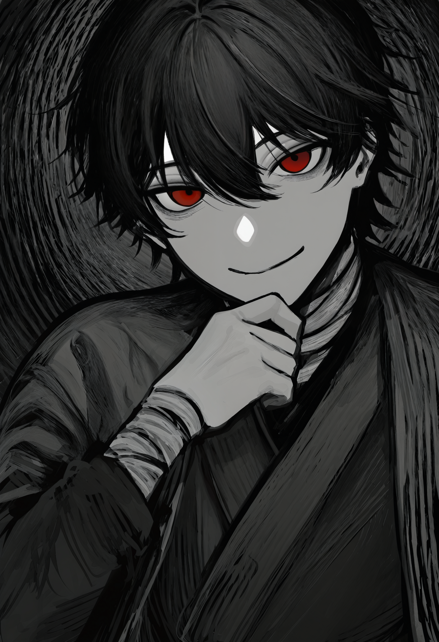 <lora:TnhocXQ=-noobaiXLNAIXL_epsilonPred_V110_V1-CAME>, Tnho, monochrome, greyscale, 1boy, male focus, solo, bandaged arm, bandages, black hair, looking at viewer, smile, short hair, closed mouth, hand on own chin, upper body, red eyes, jacket, black jacket, hair between eyes, hand up, japanese clothes, kimono, black kimono, long sleeves, shirt, bandaged neck
